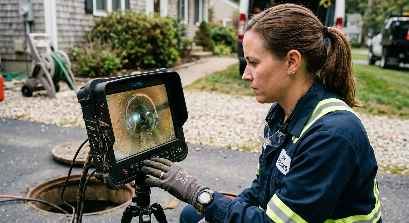 Technician reviewing sewer camera inspection footage in Henderson