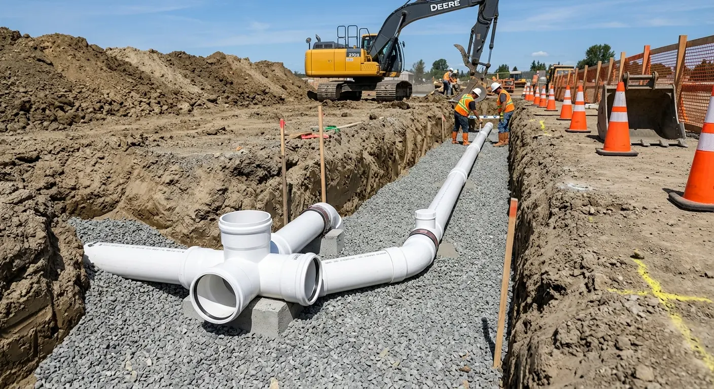 New PVC sewer pipe installation in open trench for Sewer Backup in Henderson