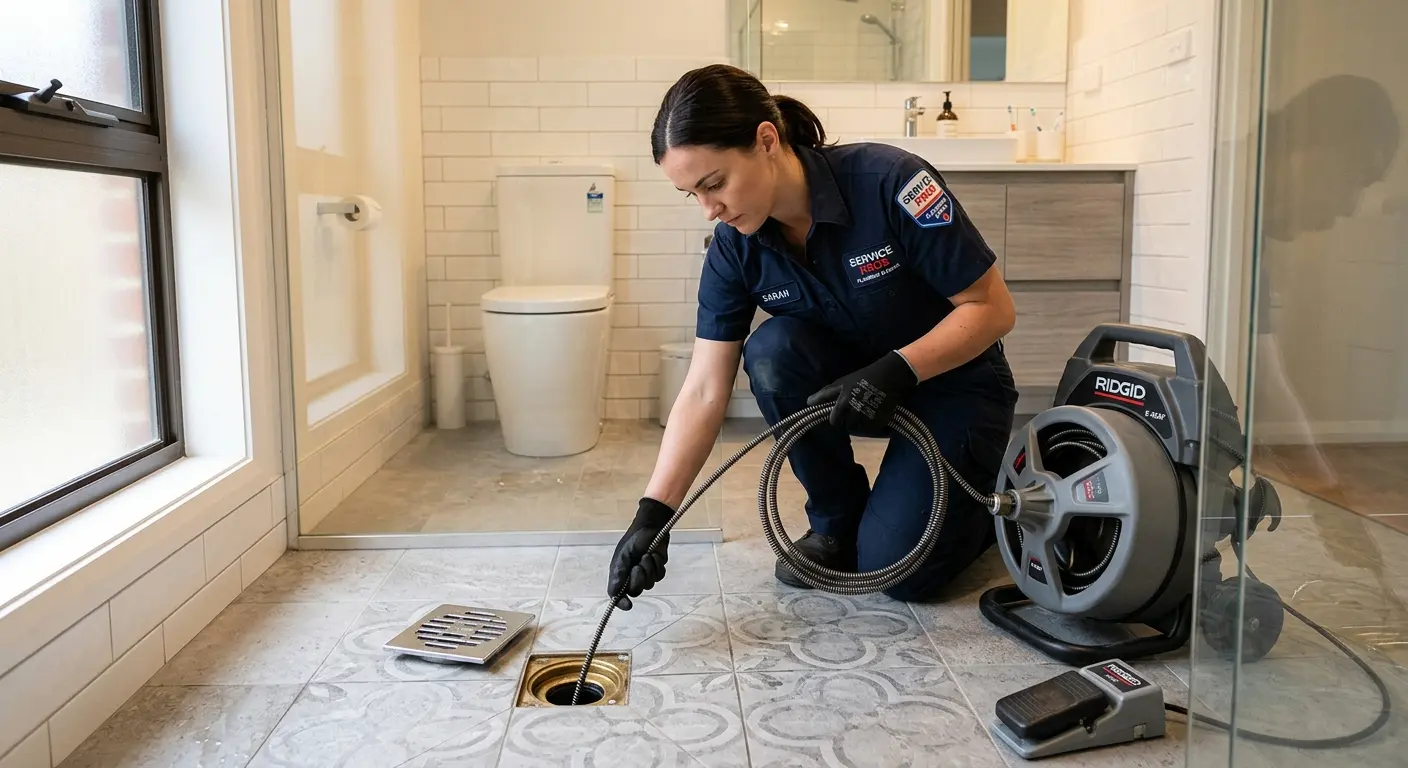 Technician clearing a bathroom floor drain for Clogged Drain Repair in Henderson
